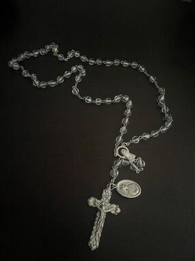 Clear Beaded Rosary Necklace with Silver Crucifix
